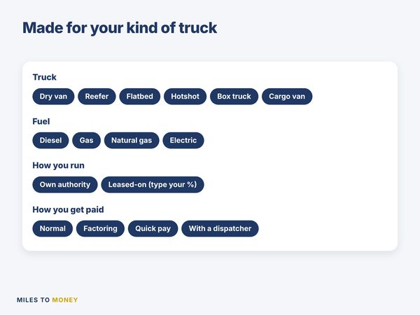 It fits your truck: dry van, reefer, flatbed, hotshot, box truck, cargo van